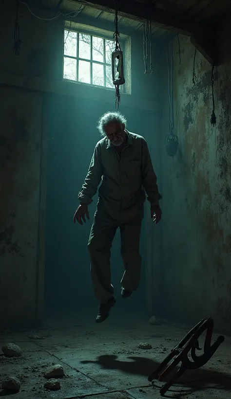 old man hanging up in a normal dress, Next to a fallen chair, in a dark basement , He took his own life, horror scene