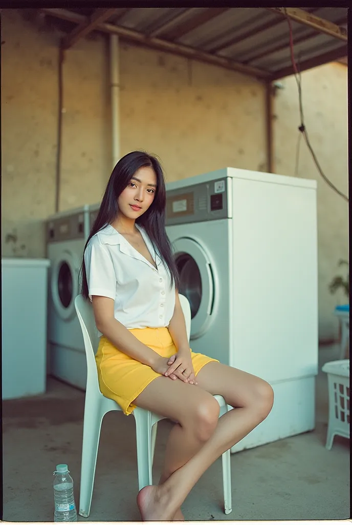 A realistic, perfectly framed Kodak film-style photograph of a young Asian woman with a delicate long flowing hair, sitting on a slightly worn plastic chair in an open-air laundromat within a slum. 
She wears a tight white uniform shirt short-sleeved , and...