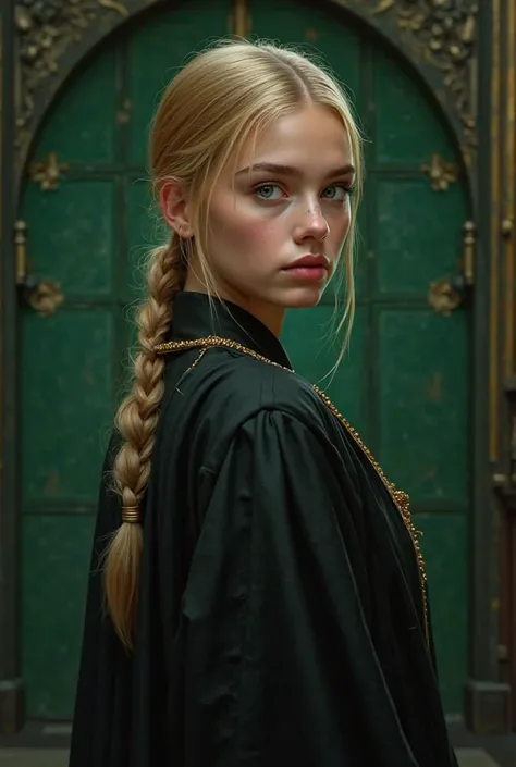 Blonde ponytail hair 5th year slytherin girl black robe