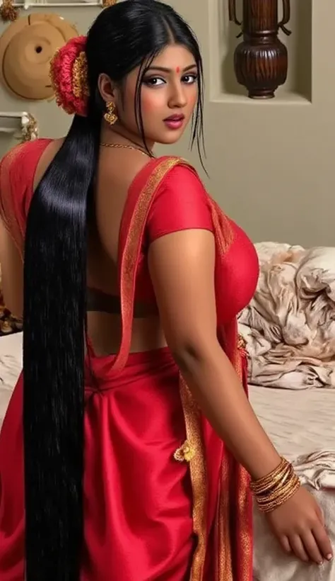   indian chubby woman is wearing a full red long skirt, bedroom , red satin  front closer blouse,big Deep cleavage,big sexy chest,big ,detailed body and face, big bright eyes, charming, sexy, perfect anatomy, braid very long silky smooth oily detailed PONY...