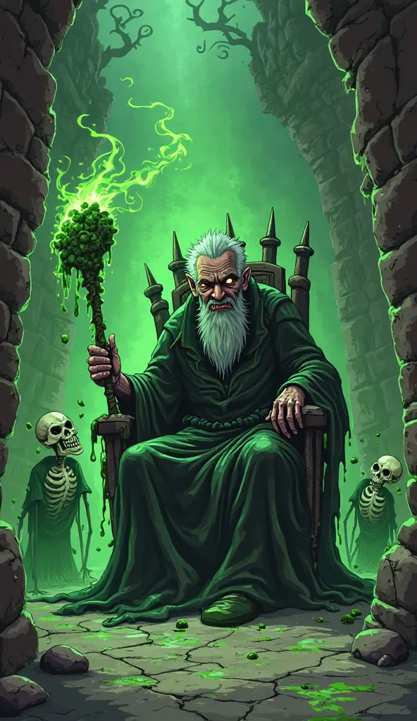 "A dark alley with cracked stone walls in grays and browns, lit by a sickly green glow. Lão Loãng, a bony old man with wrinkled gray skin and a wicked grin, sits on a jagged throne in a tattered black robe dripping green slime, his gnarled staff spewing sw...