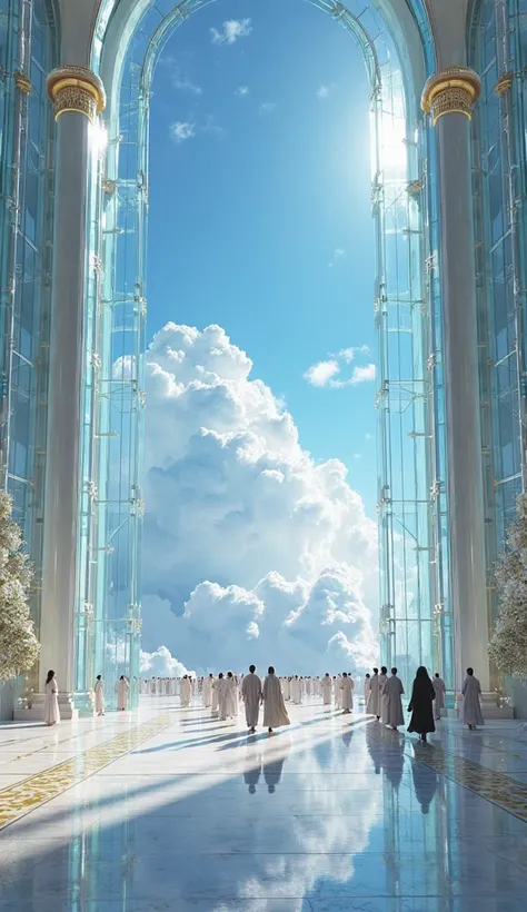 A breathtaking celestial hall with towering walls made entirely of crystal-clear glass, stretching from floor to ceiling. The entire expanse of the deep, ocean-blue sky is visible through the transparent walls, allowing the brilliance of the midday sun to ...