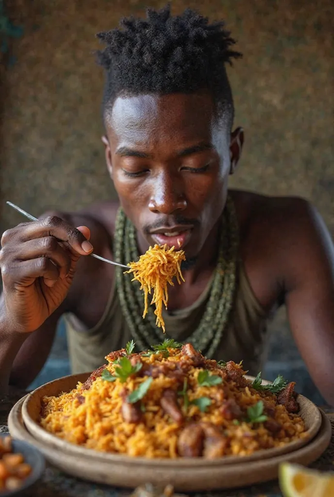 Real photograph, a 24 year old boy, haircut high fade, Height is 6"3, english and Spanish skin, eating food from malawi africa