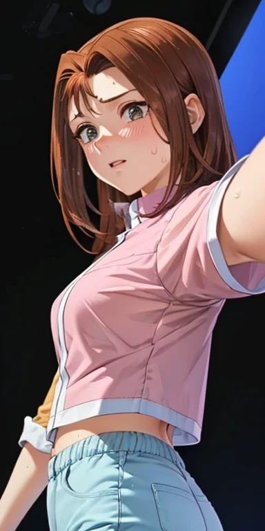  1 female,high definition,high resolution,  ultra-realistic  ,8K,serenidaddm ,  gray eyes, long hair, Brown hair,   pink shirt , blue shorts,European,sexy,Primer plano de la parte superior del cuerpo, photographed from the front , Dynamic Angles ,blush, sm...