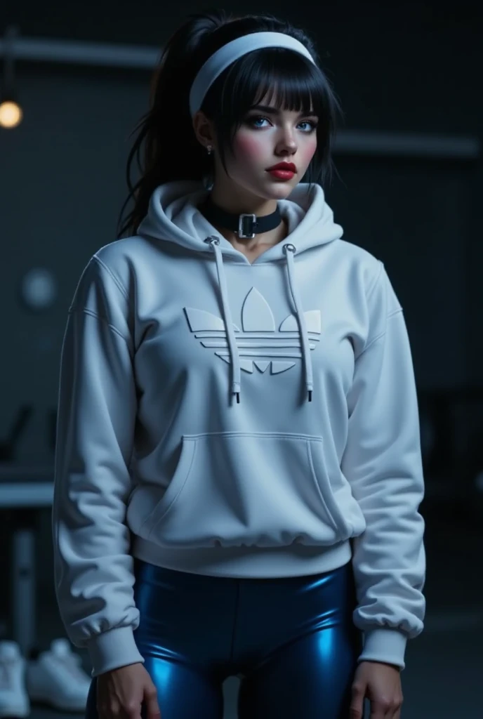 a photorealistic full body shot of beautiful woman with black hair, alabaster skin and blue eyes wearing a white hoodie with a white adidas logo and shiny navy blue metallic leggings.  the woman has huge muscles that stretch her clothes to their limits.  h...