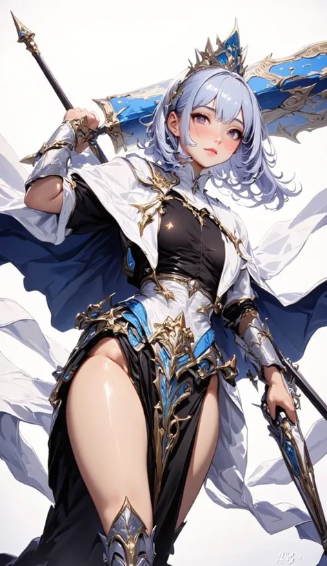 (Masterpiece:1.5,Top Quality:1.3,Amazing Quality:1.3), (Anime Character), ((nsfw)), Solo, Full Length, Chiara, 1 Girl, ((Sexy cute woman:1.5)), White Skin, Silver Gauntlets, Silver Boots, Western sexy Armor, Shining Clothes, gleaming decorations, ((with bi...