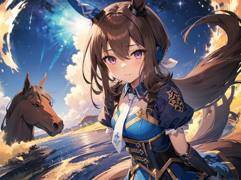 (Solo), (Girl with horse ears and tail), One girl looks up at Vega (Uma Musume), Looking up, Starry sky, Milky Way, Ayame Fuku, Purple eyes, Bangs, Hair between eyebrows, Ponytail, Brown hair, Long hair, Horse ears, Horse girl, Horse tail, Earmuffs, Black ...