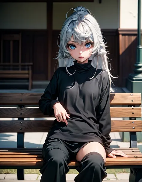 1girl, anime, beutiful, cute, sexy, wearing oversize black top only, wearing black sweatpant, medium breast, long hair, tomboyish styles, anime, big droppy eyes, black-white hair, cool, sitting at the bench,