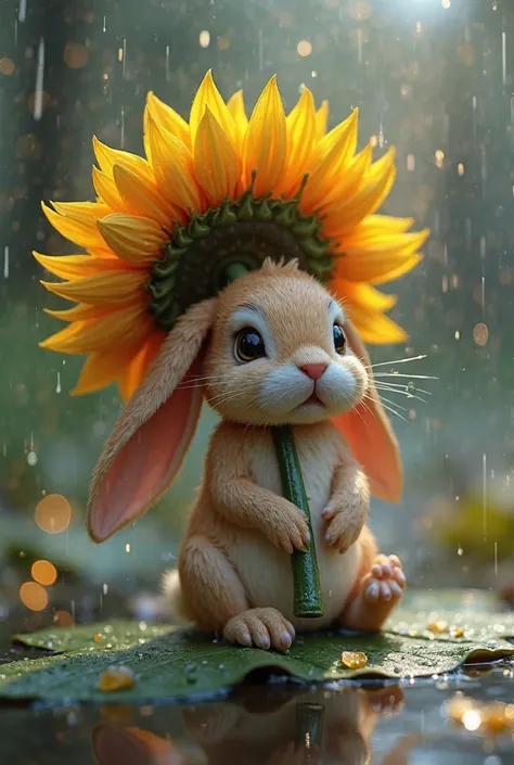 "A very detailed representation of a cute little bunny sitting on a wet leaf in the rain. The bunny is holding a large sunflower on his head covered like an umbrella, with drops of water shining on the sunflower and the soft skin of the bunny. The environm...