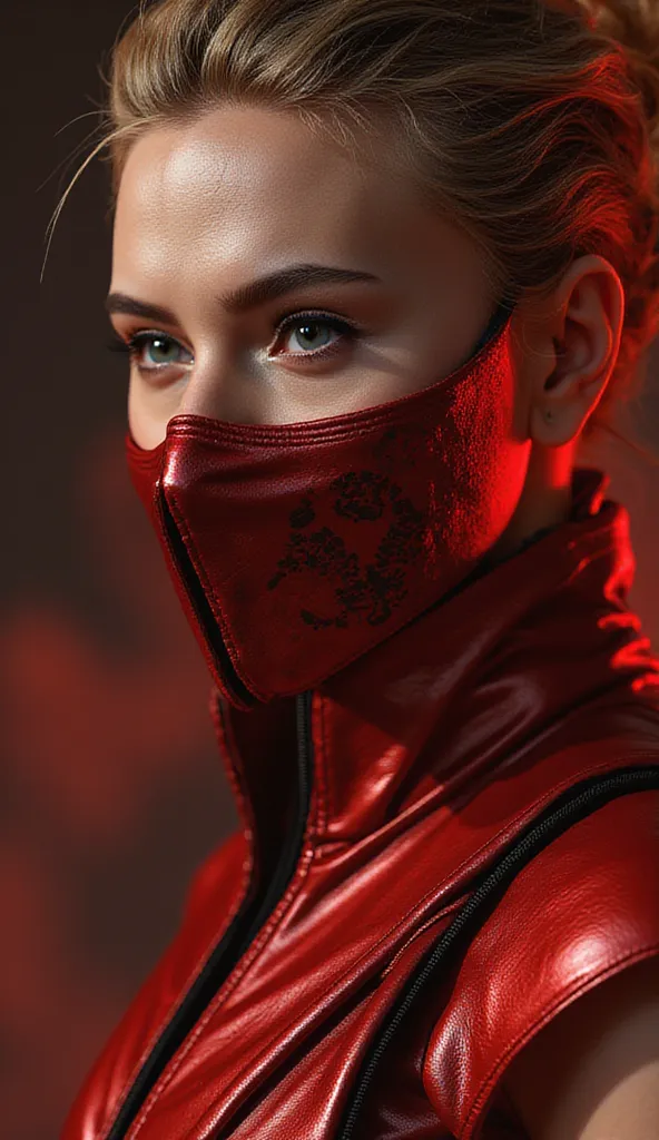 Here's a detailed prompt to generate a super realistic image of Scarlett Johansson as Scarlet, with her shiny red and metallic outfit, plus a bright metallic red mask:

"Hyper-realistic Close-up by Scarlett Johansson as Scarlet, the enigmatic warrior of * ...