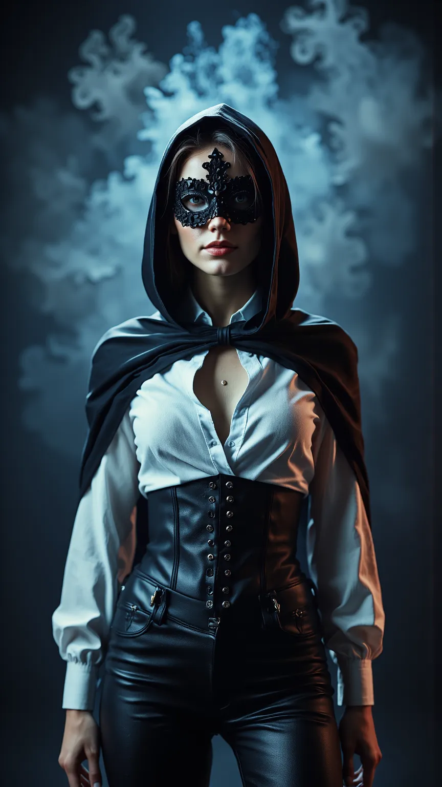 stunningly beautiful woman, hooded black cloak, white shirt under black leather corset, high waist black leather trousers, black silk masquerade mask, realistic, photorealistic, photo-realistic:1.37, (best quality,4k,8k,highres,masterpiece:1.2),ultra-detai...