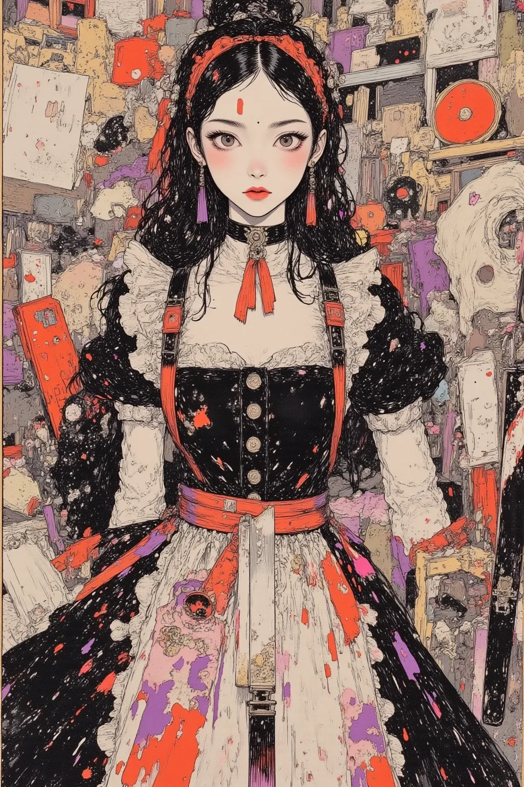 crazy maid woman,She says「As you say」 , detailed decoration such as buttons（ orange）, dirty apron with torn ruffles and blood stains on traditional maid clothes,color scheme is a basic black and white color scheme、red（bloodstained knife）or purple（creepines...