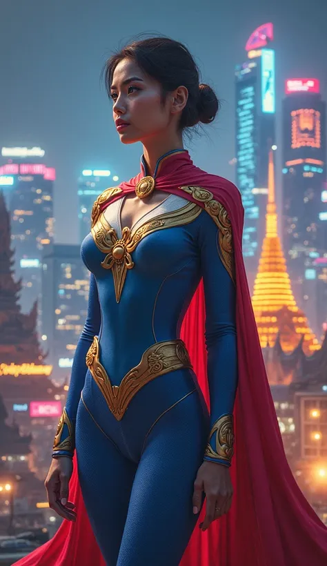 Her blue, red, and white bodysuit glows with subtle traditional Thai silk textures. Her cape is adorned with golden Garuda symbols, representing Thailand’s mythology. She stands strong in front of a neon-lit Bangkok with ancient temples and high-tech skysc...