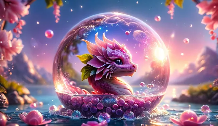 absurdres, highres, ultra detailed, HDR, master piece, best quality, small pink dragon, cute, solo, purple flowers, pink petals, water, magical, fantasy, pink crystal ball, pink moon, pink lights, hyperrealistic, 32K UHD, warm tone, cinematic