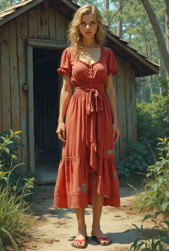 a movie poster, comic book art, full body, of Miss Barker, a depression era Cinderella. She is a very poor young woman standing by a shack in the swamps of Florida. Though she wears a raggedy and patched sun dress of faded red, and is barefoot, she still l...