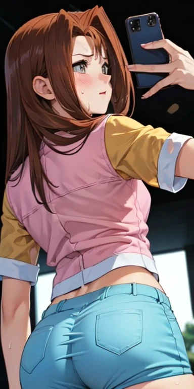  1 female,high definition,high resolution,  ultra-realistic  ,8K,serenidaddm ,  gray eyes, long hair, Brown hair,   pink shirt , blue shorts,European,sexy,Primer plano de la parte superior del cuerpo, photographed from the front , Dynamic Angles ,blush, sm...