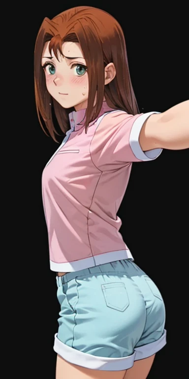  1 female,high definition,high resolution,  ultra-realistic  ,8K,serenidaddm ,  gray eyes, long hair, Brown hair,   pink shirt , blue shorts,European,sexy,Primer plano de la parte superior del cuerpo, photographed from the front , Dynamic Angles ,blush, sm...