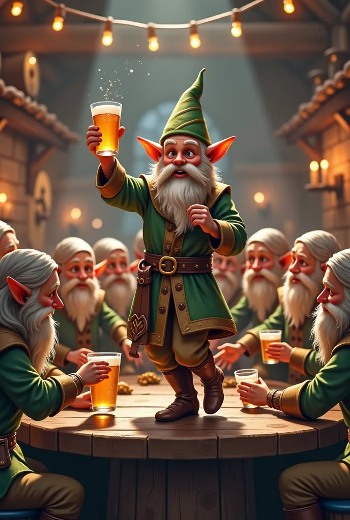 Create for me an unrealistic medieval image of a male elf with a low beard with a pointed hat dancing standing above a table with a glass of beer in his hand inside a tavern with many other bearded elves celebrating him 