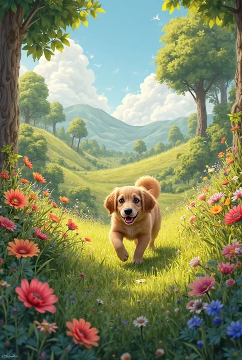 Do you want a landscape with lots of greenery and flowers to add an image of a dog