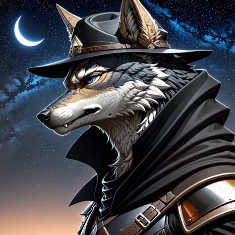 (Masterpiece, Absurdres, Hyper detailed, 4k, UHD) Anime-style illustration, Face close up, Side view, Solo, 1 cool adult male, Gray wolf, Blue eyes, Serious, Bounty hunter, Bounty hunter-style outfit, Hat, Black-cloak, Night sky background, Desaturated ton...