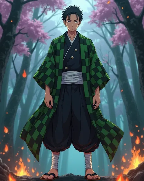 A high-quality anime-style illustration of Tanjiro Kamado from Demon Slayer, standing in a confident, straight-on eye-contact pose. He is wearing his iconic green and black checkered haori, with the Demon Slayer Corps uniform underneath (black outfit, whit...