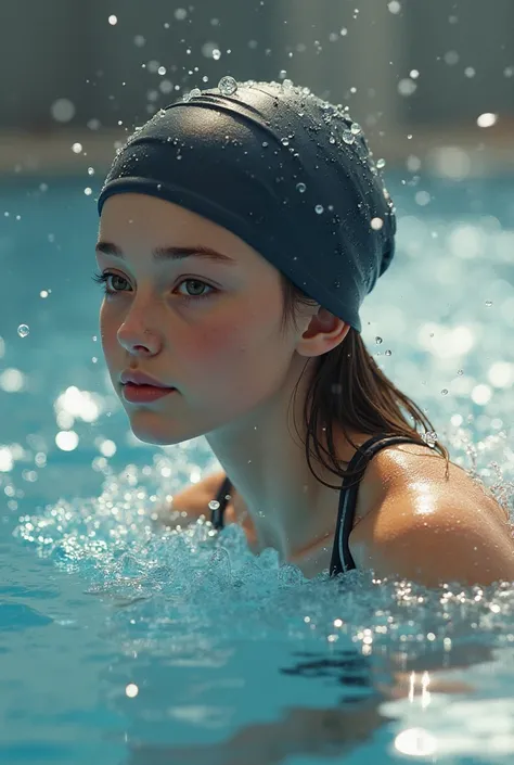 Girl swimmer wearing headwear with straight brown hair