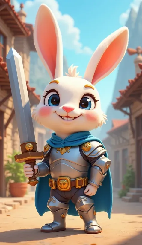 "Hiệp Sĩ Caltonat, the heroic rabbit in silver-white armor with a blue cape, stands proudly with perked ears and a friendly wink, his glowing sword resting on his shoulder. Behind him, the town fades into earthy browns and grays. A cheerful 2D animation st...