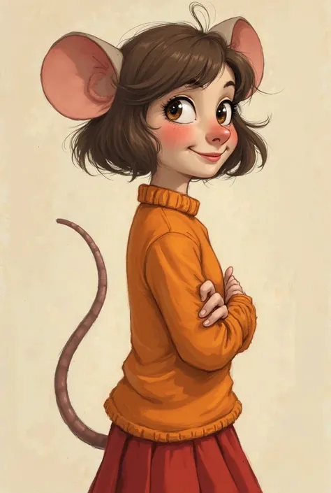 1920 black and white cartoon style rat girl with pretty face and skin-colored face with brown hair with armpit and orange sweater and red skirt and cheerful face posing in the back looking to the left 