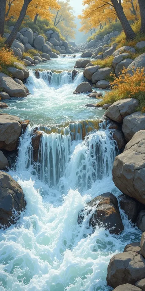 High quality, 8K Ultra HD, best quality, super detailed, Artist's sketch style, thick lines, Composition viewed from above, no people,Captured the movement of the Babbling brook,Torrent,River flow sketch,Transparency,clearly visiblewave,small splash, analo...