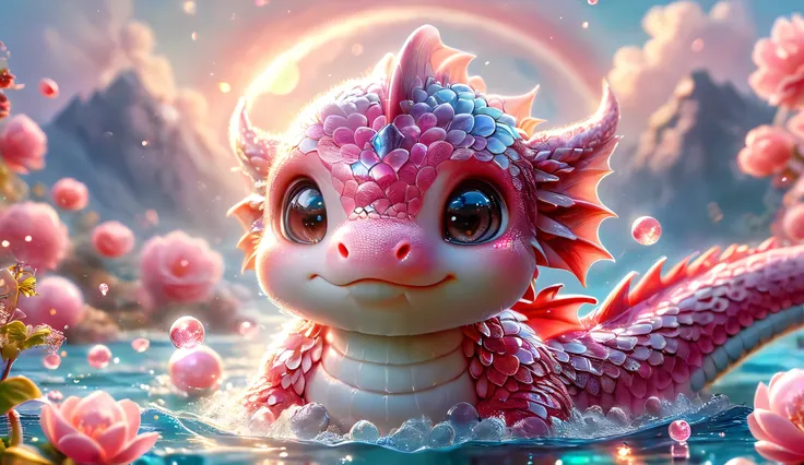 absurdres, highres, ultra detailed, HDR, master piece, best quality, small pink dragon, cute, solo, pink flowers, pink petals, water, magical, fantasy, pink crystal ball, pink moon, pink lights, hyperrealistic, 32K UHD, warm tone, cinematic