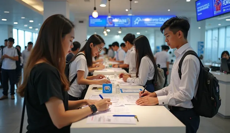 A modern immigration office in Vietnam, with foreign travelers filling out visa documents. The scene is professional, with clear signage and officials assisting visitors. The atmosphere is welcoming, with a modern Asian design.