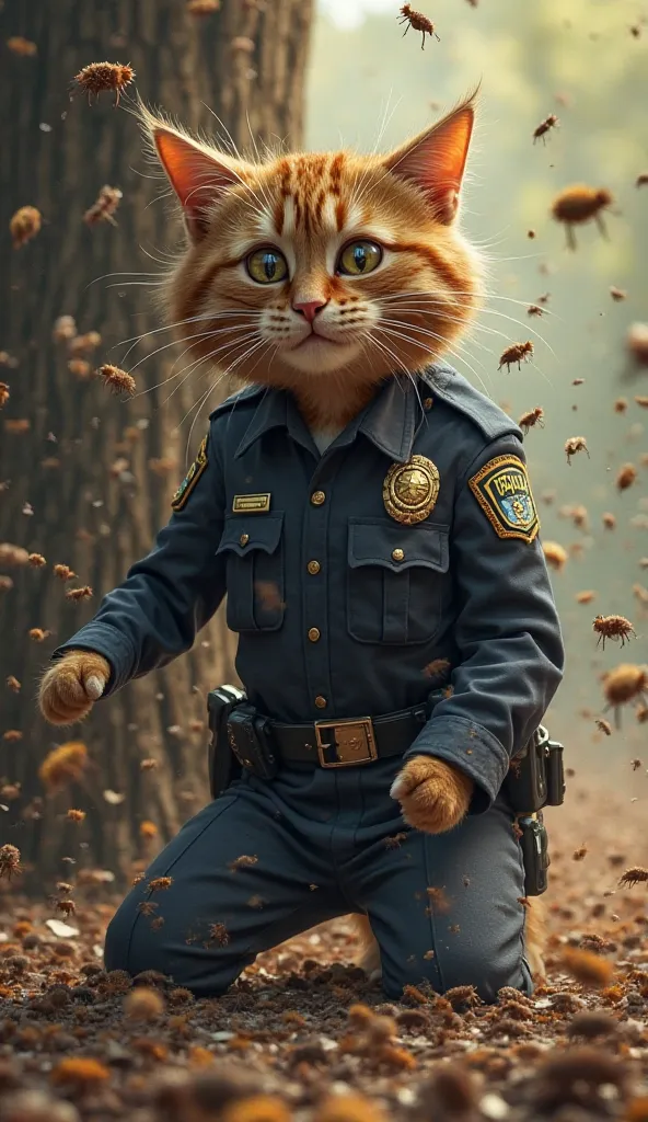 father cat (police uniform) her body in a crowd of fleas, he was like a glutton and scratched his body, Near the tree 