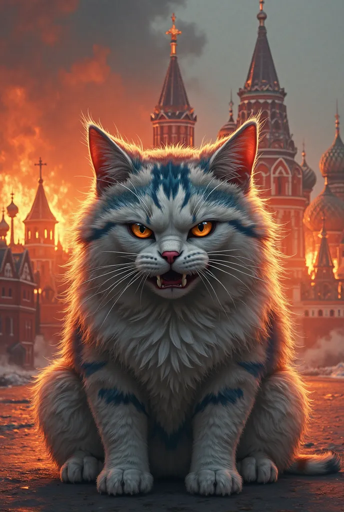 An angry fat white-blue-red cat lies in the background of the burning Kremlin