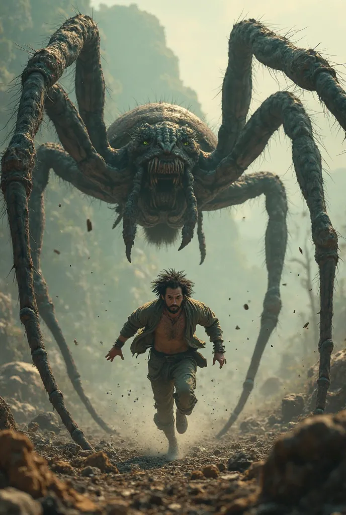 Create a man running from a giant spider