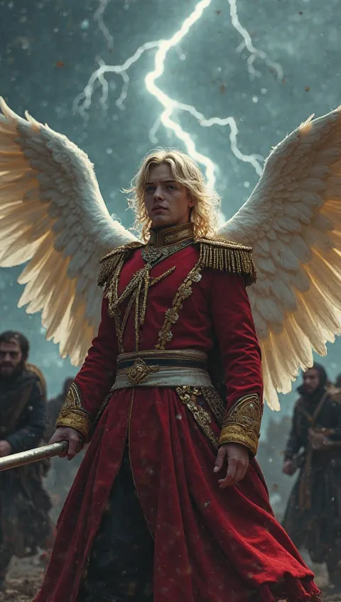 fantastic beauty、live-action、 perfect balance 、high definition、16k、Clear Images、fantasy closer to reality、Lightning shines in the jet black sky、A tall age handsome archangel beautiful boy with blond regent wave long hair in a tight red military uniform who...