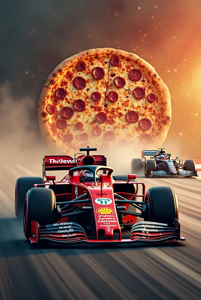 Please create me a picture which is written Dollar dates in big text and the background must be An F1 car with "The People" written on it trying to overtake a "Corrupt System" car blocking the road, with a pizza in the background as a symbol of survival an...