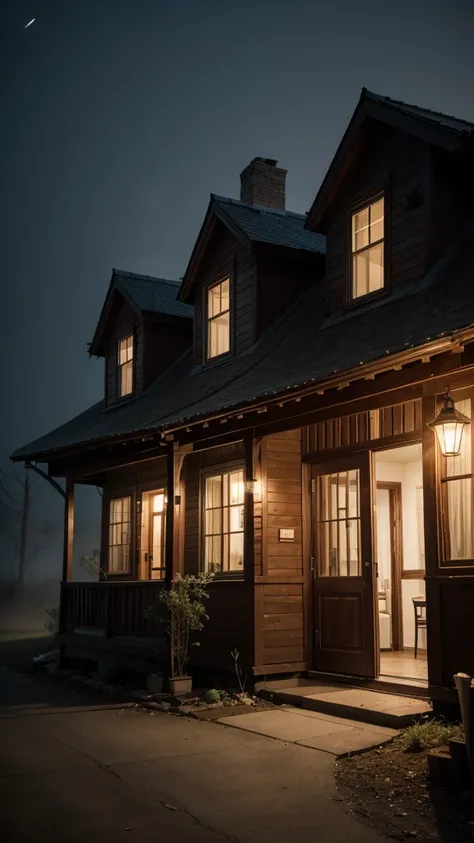 a cozy old house, with warm lights and a faint haze all around.