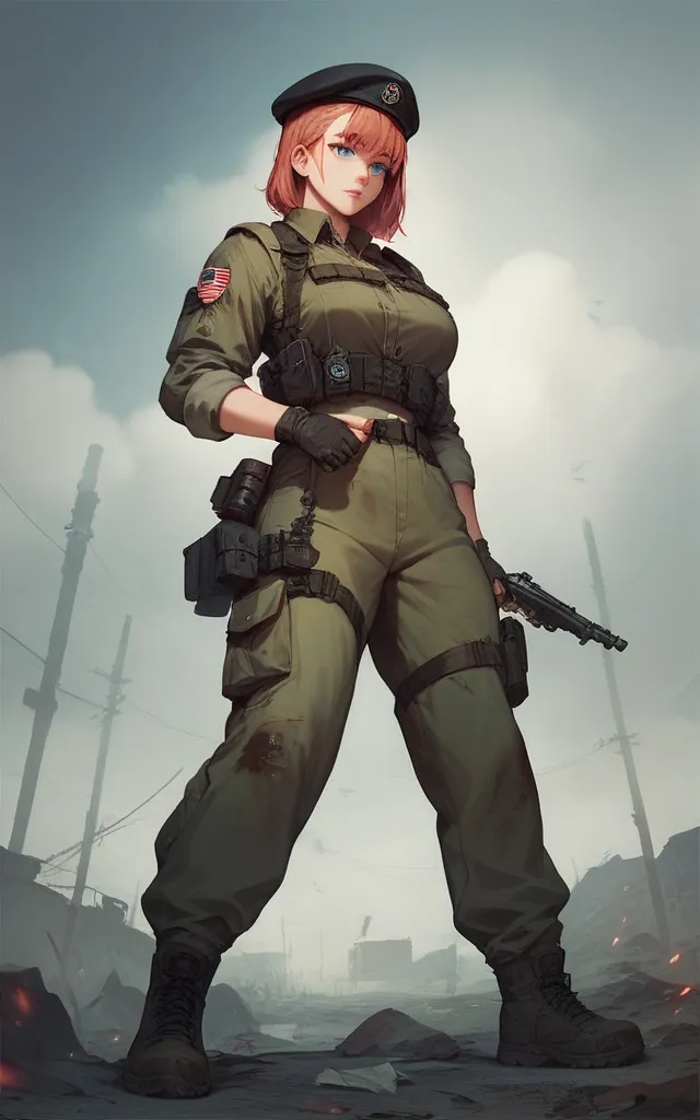 A frigid woman with empty blue eyes and blond hair in a post-apocalyptic setting, 1, 62m , in low light highlighting her all-black beret and military zombie combat costumes.  dark and tense atmosphere . full body image