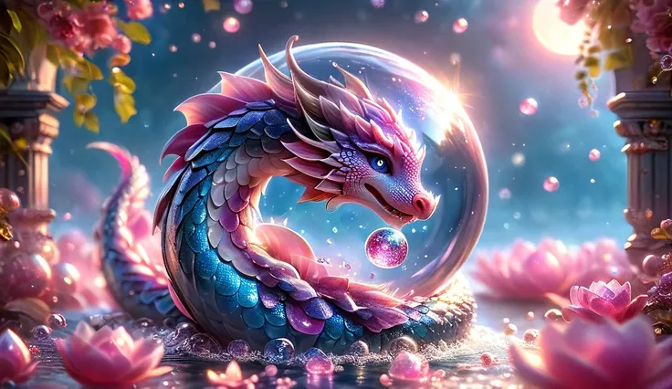 absurdres, highres, ultra detailed, HDR, master piece, best quality, small pink dragon, cute, solo, purple flowers, pink petals, water, magical, fantasy, pink crystal ball, pink moon, pink lights,  light blue diamond like eyes, hyperrealistic, 32K UHD, war...