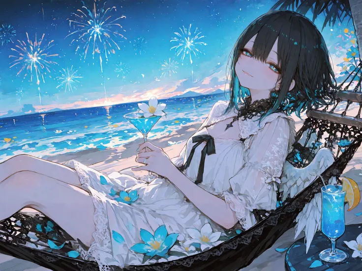 masterpiece, best quality, ultra-detailed,r17329_illu,usnr,dark gothic, a graceful Cute girl with angelic wings lounging on a hammock, her elegant white dress adorned with lace and floral accents, she holds a delicate cocktail glass in her hand, the drink ...