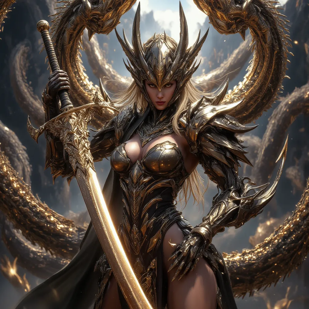 (((masterpiece, best quality, high detailed, 16k))), Fully armored female warrior with dragon holding a divine sword, female goddess, dragoon, Ornate Sword, Planted Sword, flying dragons, big breasts, bikini, powerful and fantastic full armor, (close-up of...