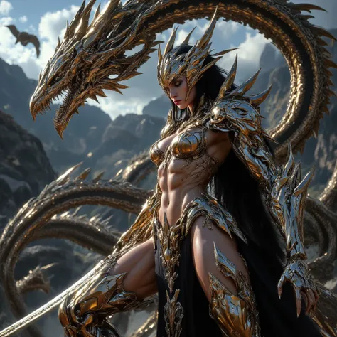 (((masterpiece, best quality, high detailed, 16k))), Fully armored female warrior with dragon holding a divine sword, female goddess, dragoon, Ornate Sword, Planted Sword, flying dragons, big breasts, bikini, powerful and fantastic full armor, (close-up of...