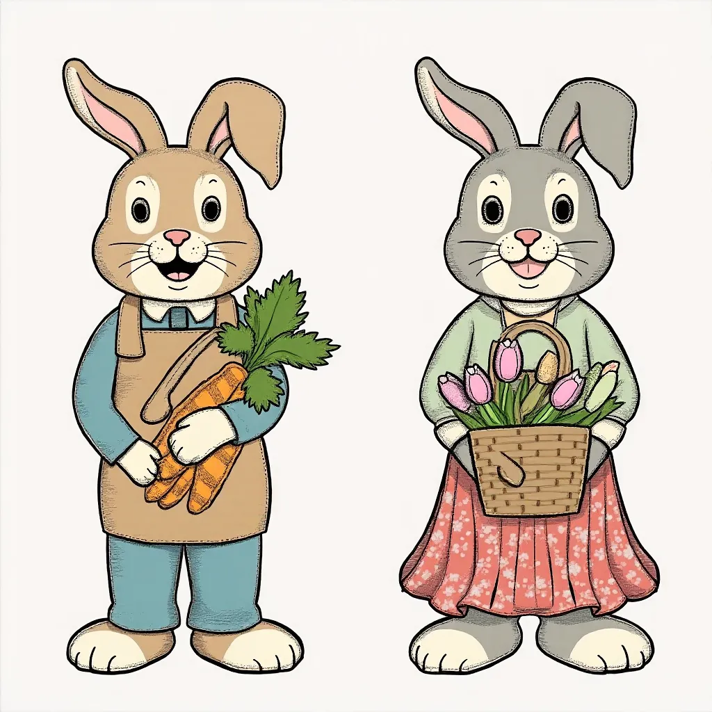 Easter theme, a total of three rabbits, open space gap, smiling, wearing different styles and colors of vintage floral skirt rabbits; Wearing cloth shoes; The first rabbit had a handful of carrots, and the second rabbit had a basket full of flowers and egg...