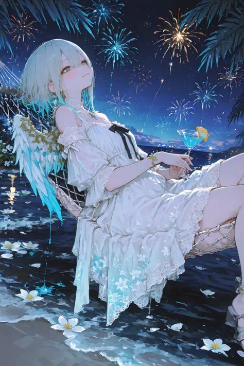 masterpiece, best quality, ultra-detailed,r17329_illu,usnr,dark gothic, a graceful Cute girl with angelic wings lounging on a hammock, her elegant white dress adorned with lace and floral accents, she holds a delicate cocktail glass in her hand, the drink ...