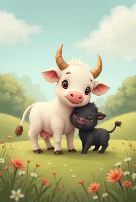 a mini white cow with a black cub