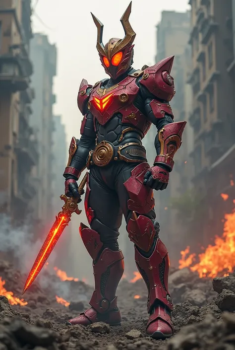 Amidst the ruins of a once-thriving metropolis, Kamen Rider Batika stands firm, his body poised for battle. His stance is unwavering—one foot forward, knees slightly bent, and his Keris Saber gripped tightly in his right hand, its blade glowing with a gold...