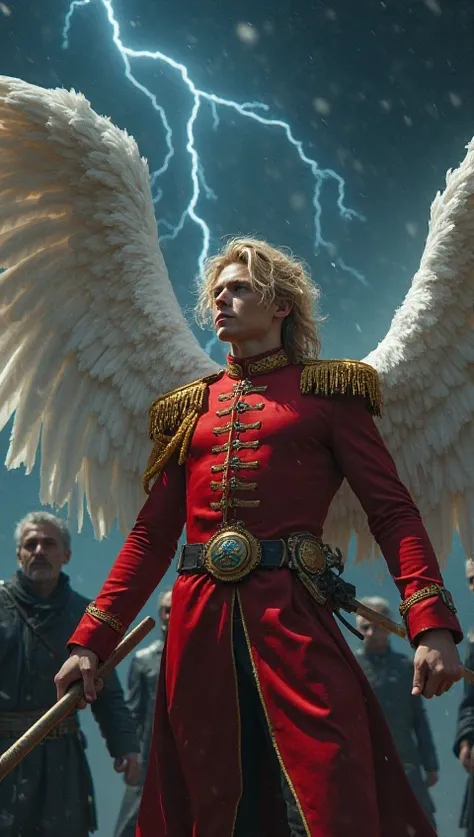 fantastic beauty、live-action、 perfect balance 、high definition、16k、Clear Images、fantasy closer to reality、Lightning shines in the jet black sky、A tall age handsome archangel beautiful boy with blond regent wave long hair in a tight red military uniform who...