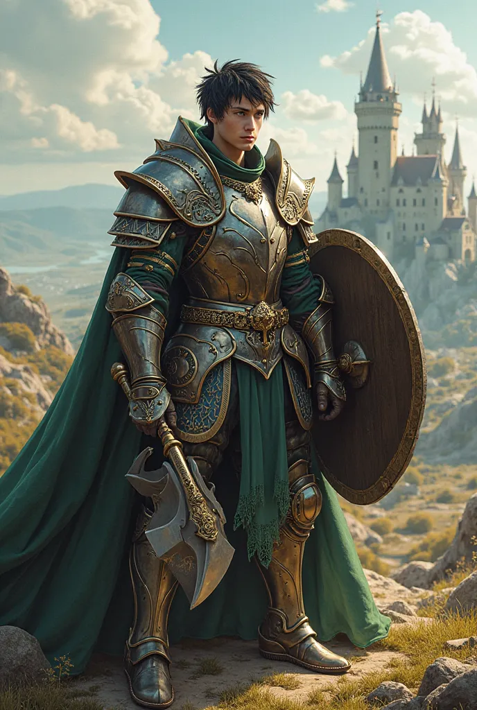 A short black-haired male paladin with pale skin and green eyes with a large war axe and a half-square shield