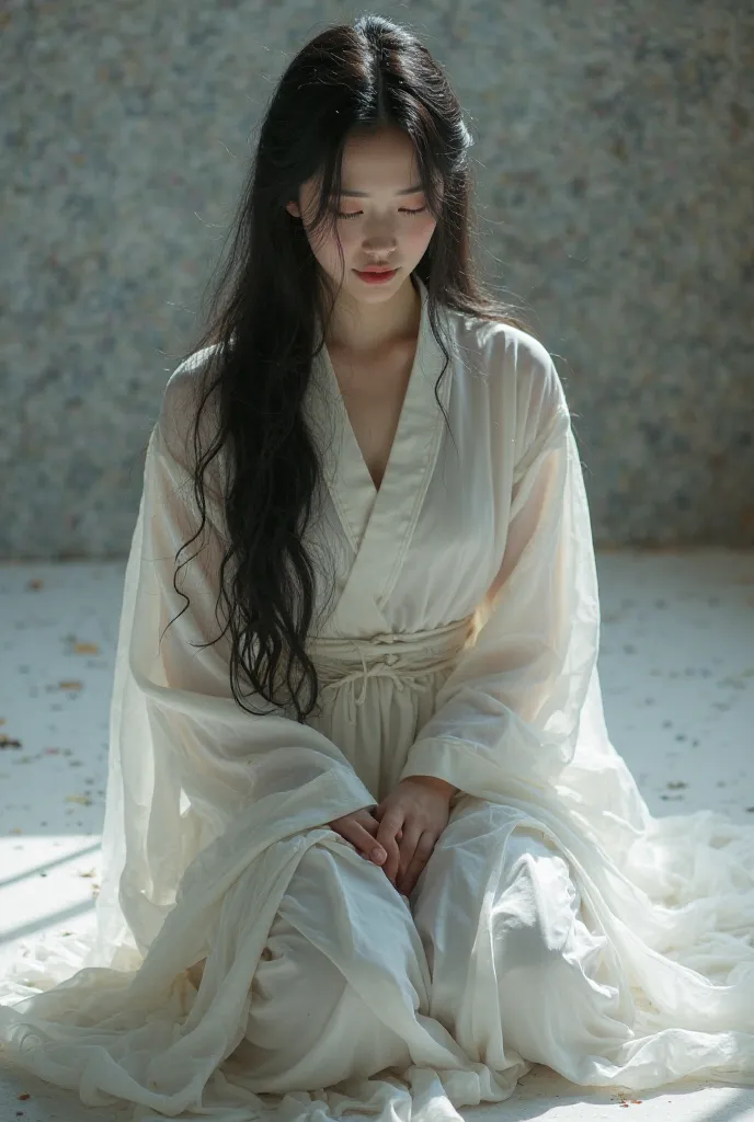 the image of a beautiful woman with long black hair and white skin with a beautiful figure wearing an ancient Chinese traditional white hanfu kneeling on the ground while being absorbed by shadows from the ground enclosing her in a kind of cocoon