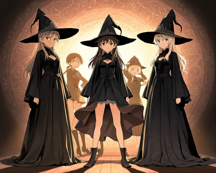 3girls, full body, standing, bare legs, light skin, long hair, witch costume, witch shoes